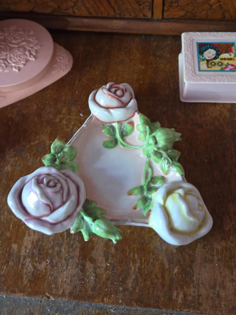 Vintage German Porcelain Rose Trinket Dish & Wall Hanging Art Cottagecore
